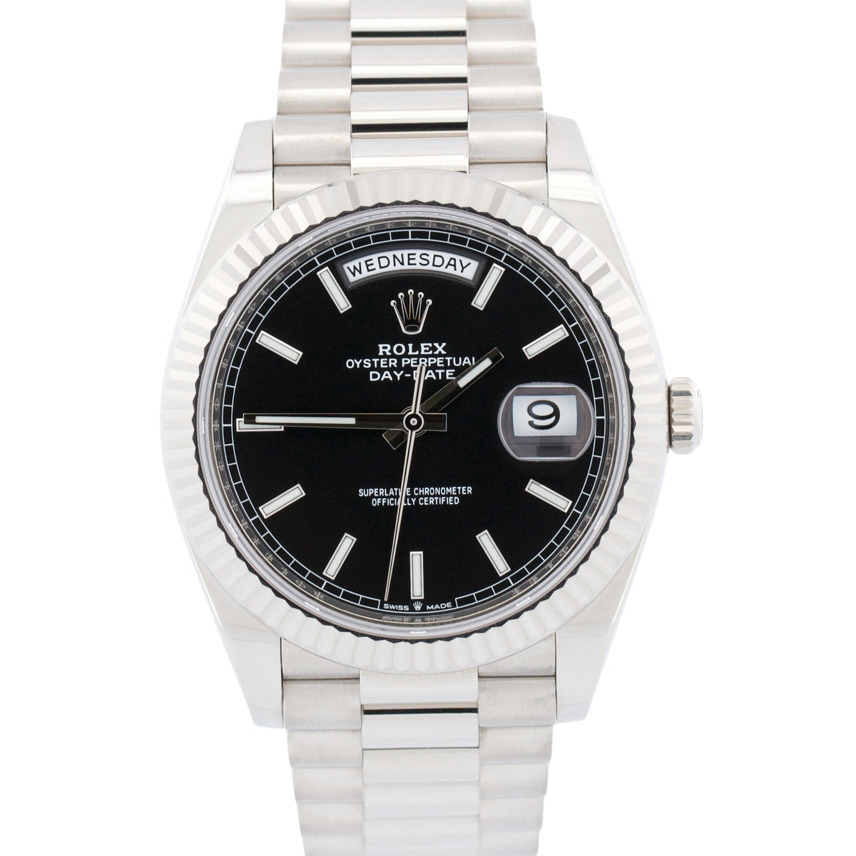 2022 Rolex Day-Date President 228239 Black 18K White Gold Fluted 40mm Box Papers