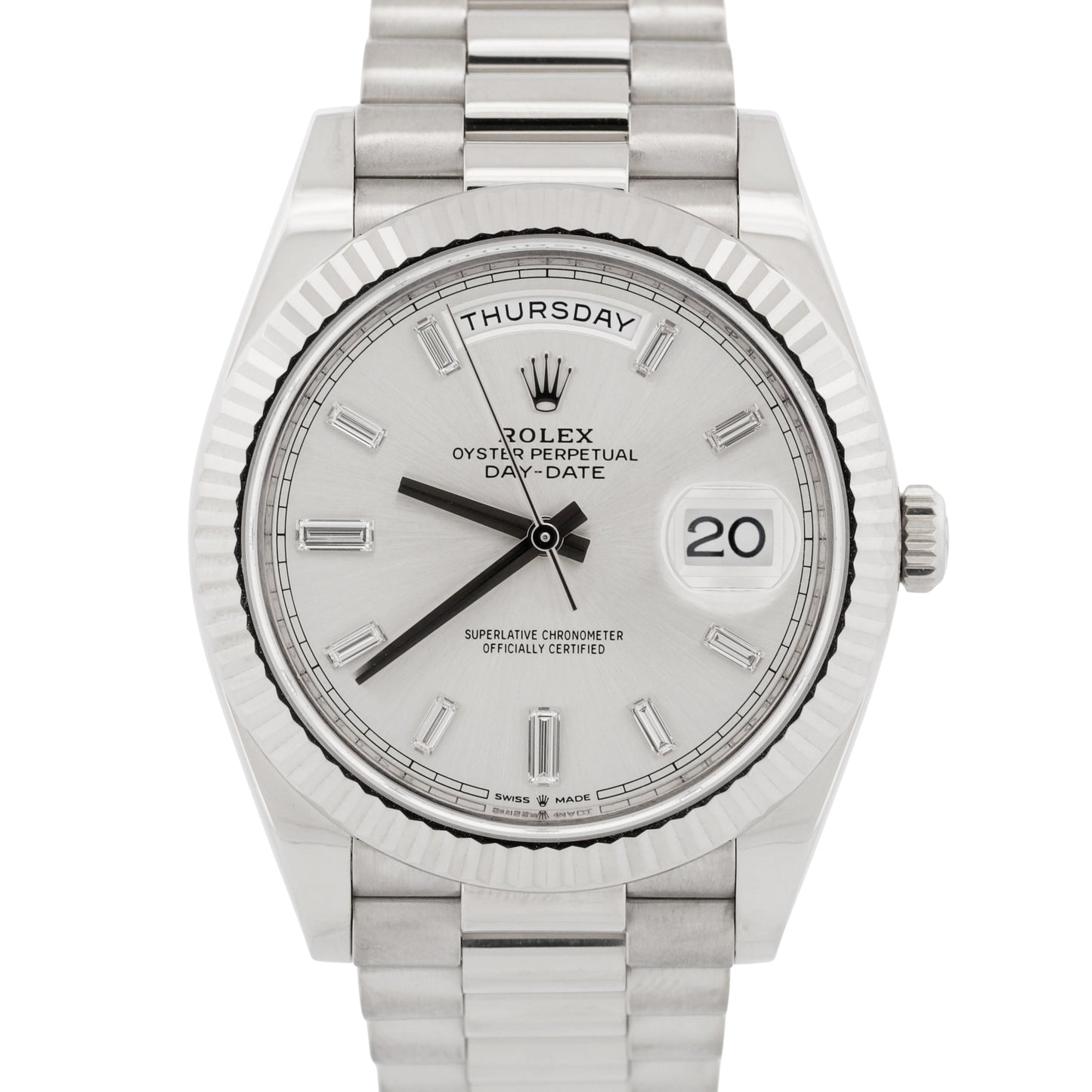 2024 Rolex Day-Date President 228239 Silver Baguette Diamond 18K 40mm Box Papers