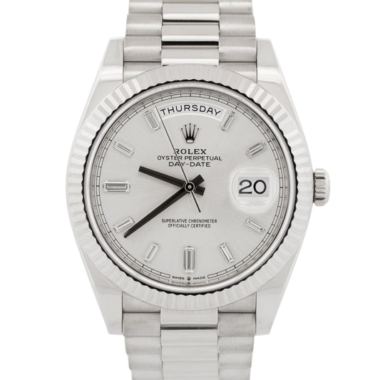 2024 Rolex Day-Date President 228239 Silver Baguette Diamond 18K 40mm Box Papers