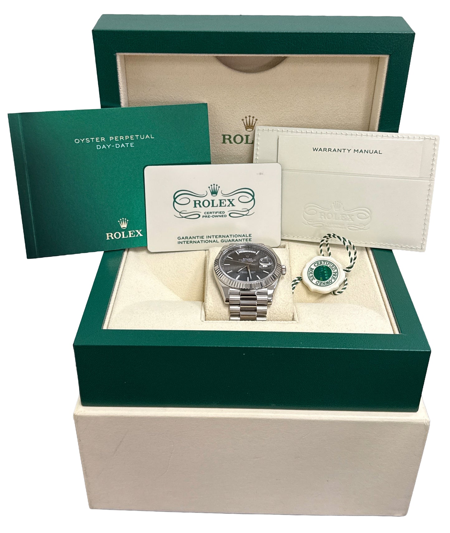 2025 CPO Rolex Day-Date President 40mm RHODIUM TAPESTRY 18K Gold 228239 BOX