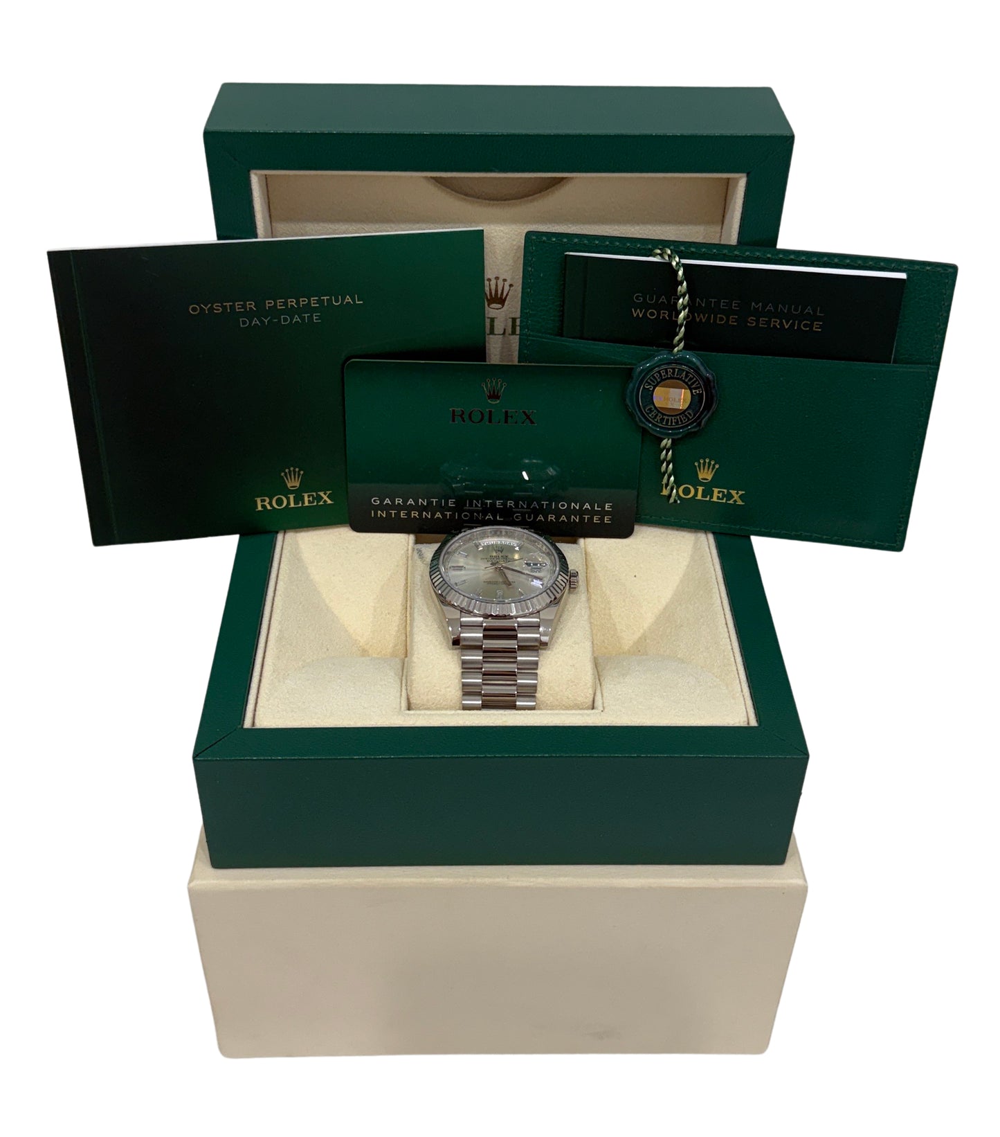 2024 Rolex Day-Date President 228239 Silver Baguette Diamond 18K 40mm Box Papers