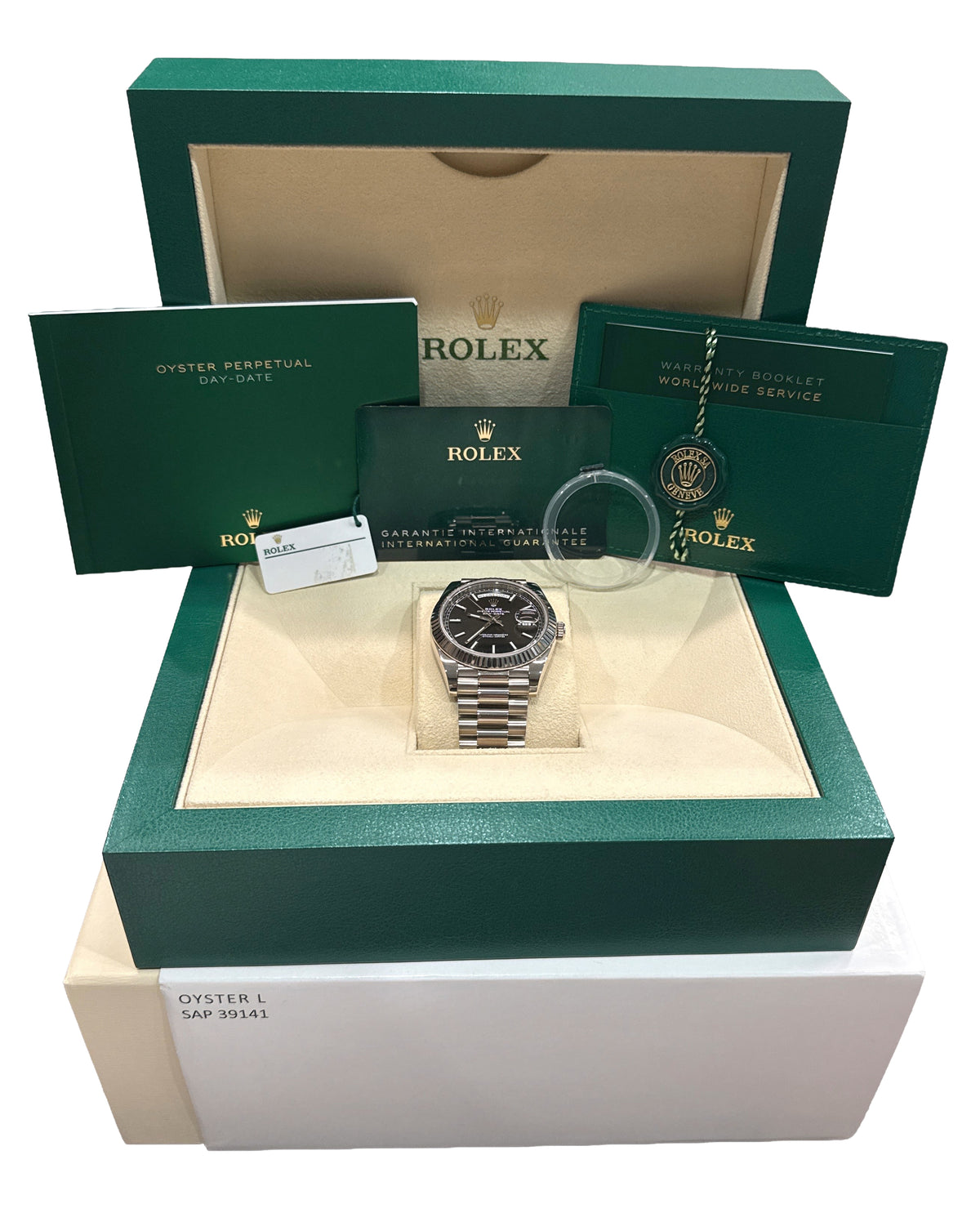2022 Rolex Day-Date President 228239 Black 18K White Gold Fluted 40mm Box Papers