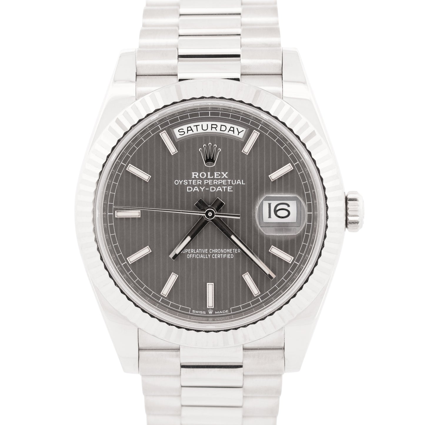 2025 CPO Rolex Day-Date President 40mm RHODIUM TAPESTRY 18K Gold 228239 BOX