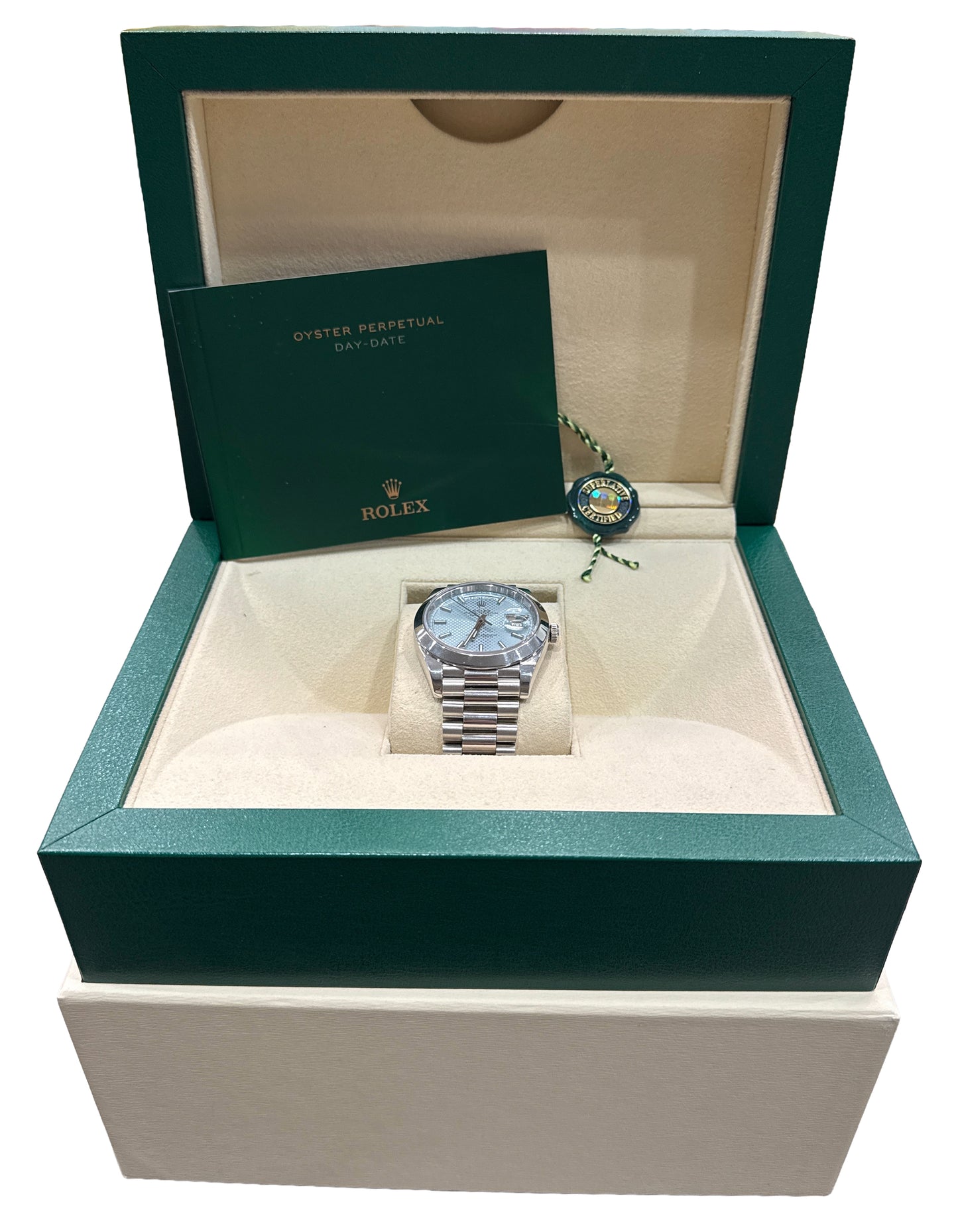 Rolex Day-Date President 40mm 950 Platinum GLACIER BLUE MOTIF Smooth 228206 BOX