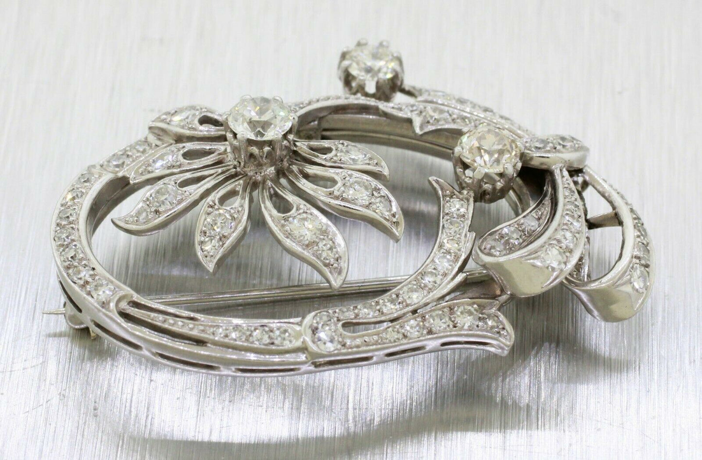Antique Art Deco Platinum 3.00ctw F/VS2 Diamond Floral Oval Brooch Pendant