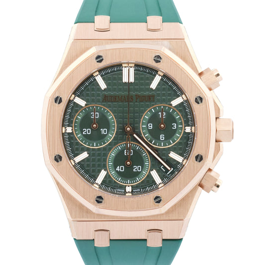 PAPERS Audemars Piguet Royal Oak Chrono GREEN 18K Rose Gold Watch 26240OR BOX