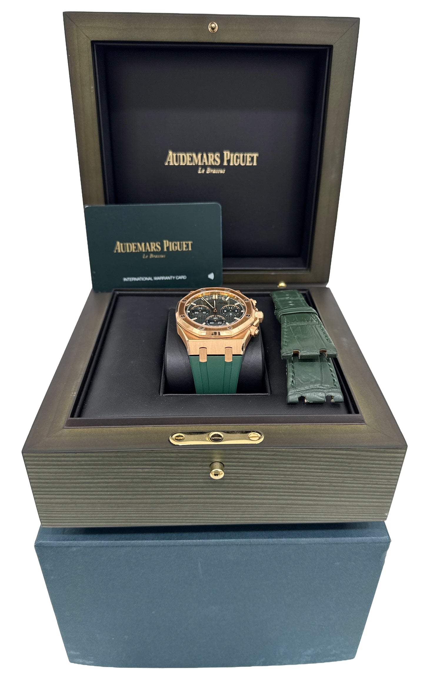 PAPERS Audemars Piguet Royal Oak Chrono GREEN 18K Rose Gold Watch 26240OR BOX