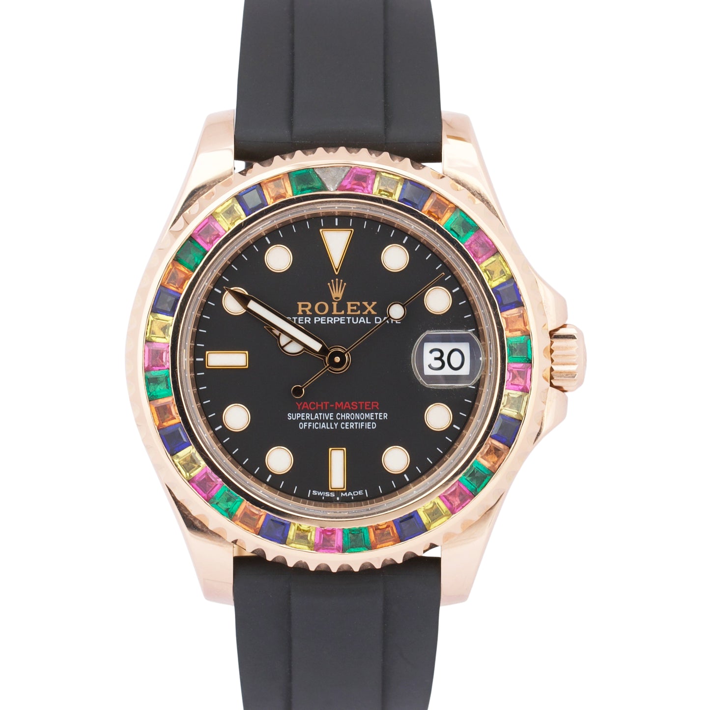 Rolex Yacht-Master 18k Rose Gold RAINBOW SAPPHIRE Black Oysterflex 37mm 268655