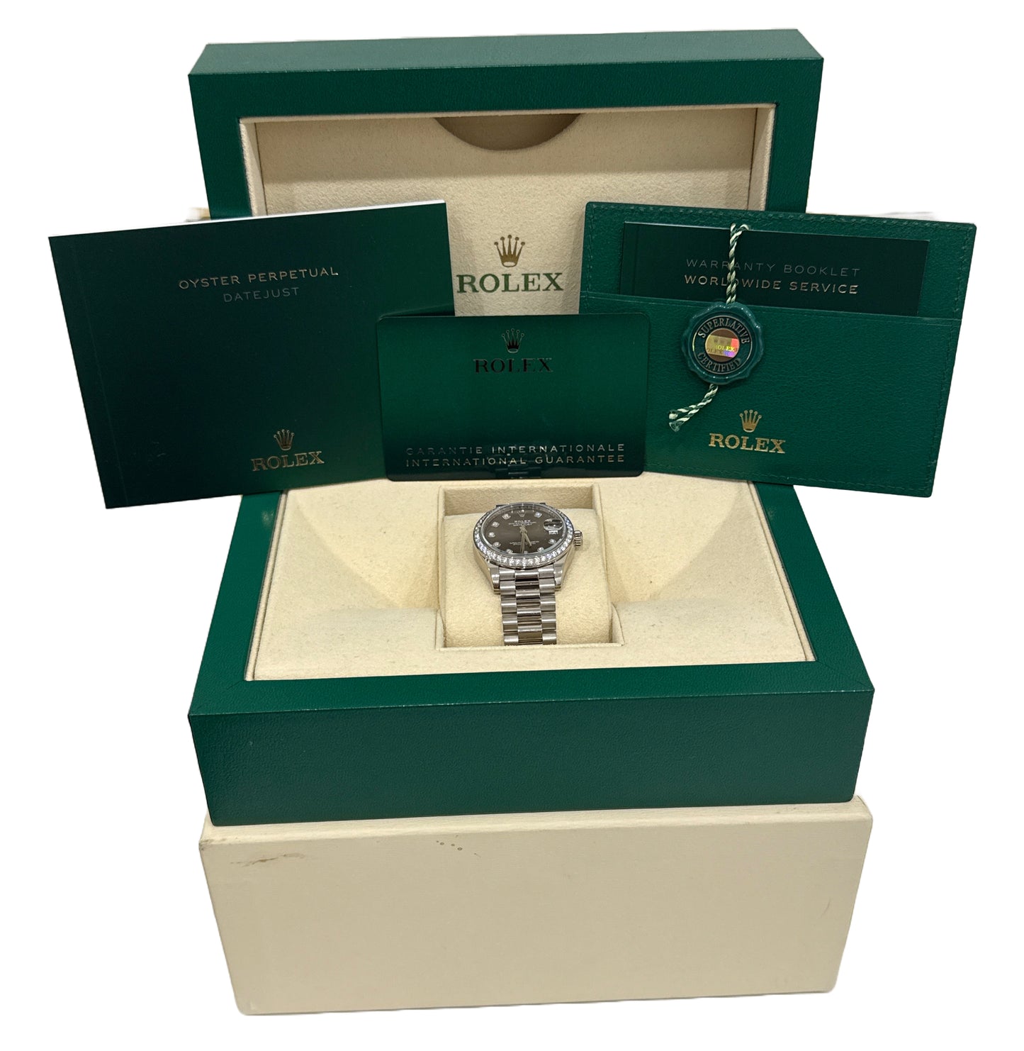 PAPERS Rolex DateJust President 31mm 18k FACTORY RHODIUM DIAMOND 278289RBR BOX