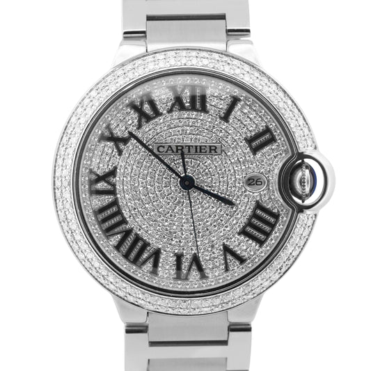 Cartier Ballon Bleu Stainless Steel PAVE DIAMOND Roman 42mm W69012Z4 3001 Watch