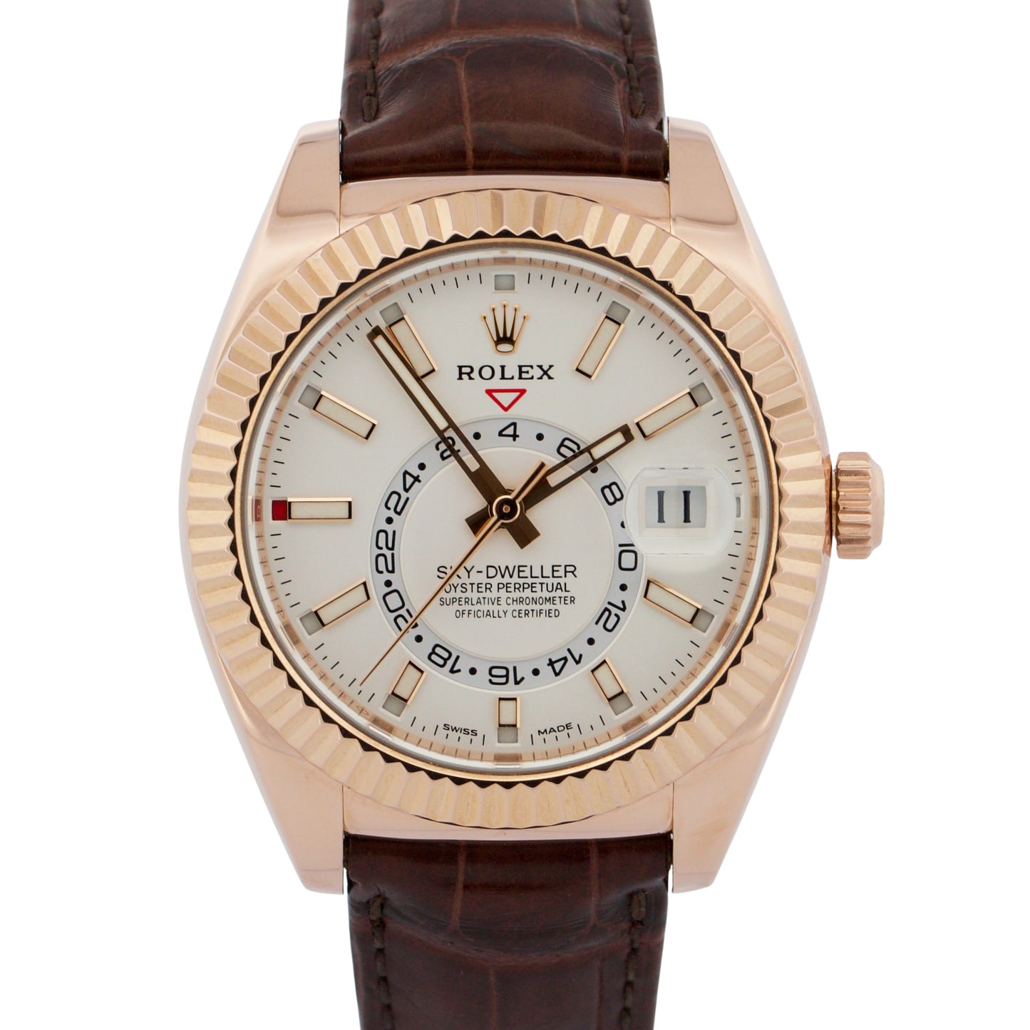 Rolex Sky-Dweller 42mm WHITE 18K Rose Gold Fluted Brown LEATHER 326135 Watch BOX