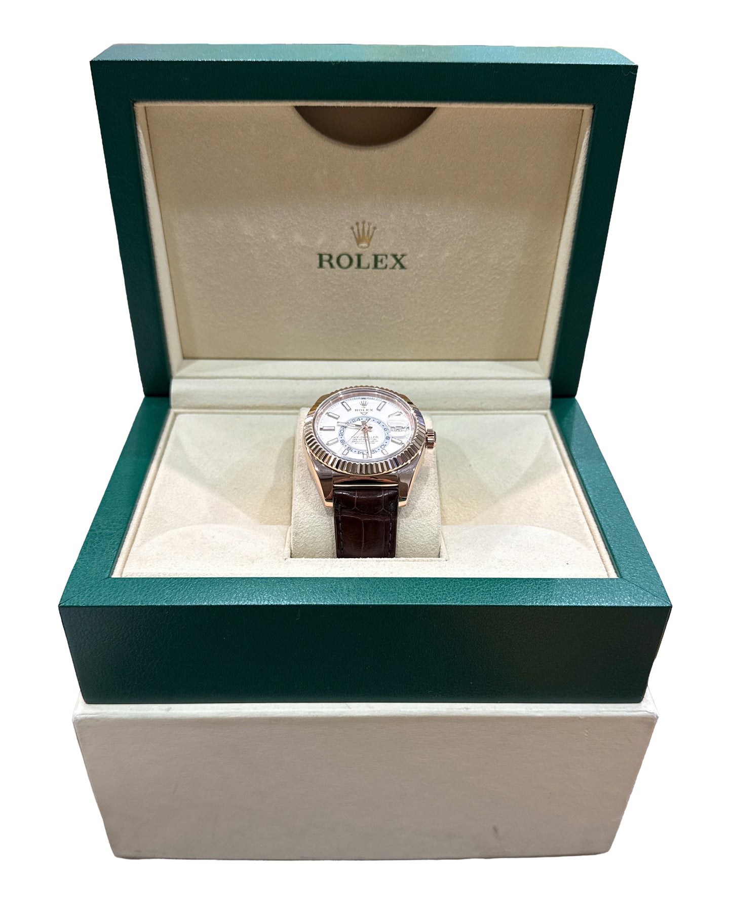 Rolex Sky-Dweller 42mm WHITE 18K Rose Gold Fluted Brown LEATHER 326135 Watch BOX