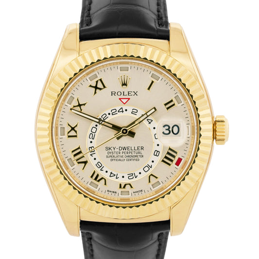 Rolex Sky-Dweller SILVER ROMAN 18K Yellow Gold Fluted 42mm LEATHER 326138 Watch