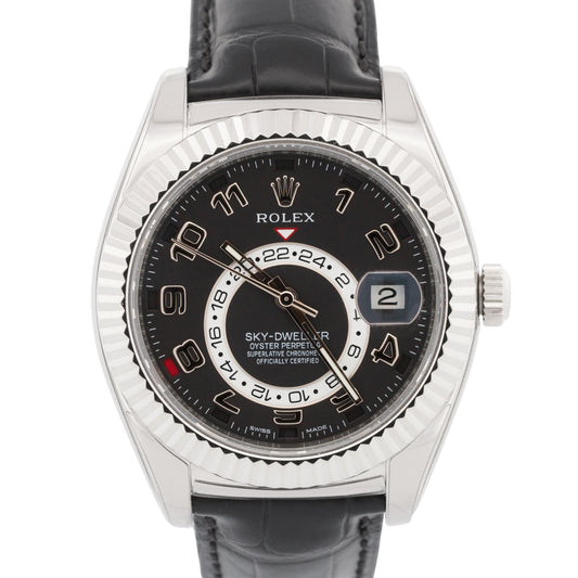 PAPERS Rolex Sky-Dweller BLACK ARABIC 18K White Gold Leather 42mm 326139 BOX