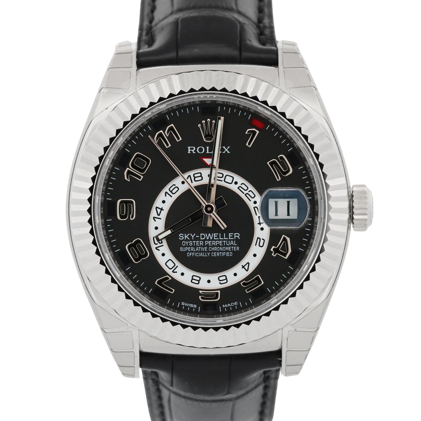 STICKERED Rolex Sky-Dweller BLACK ARABIC 18K White Gold Leather 42mm 326139 BOX