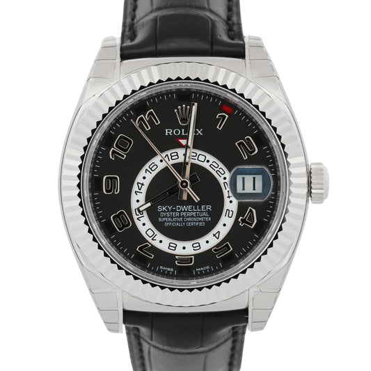 STICKERED Rolex Sky-Dweller BLACK ARABIC 18K White Gold Leather 42mm 326139 BOX
