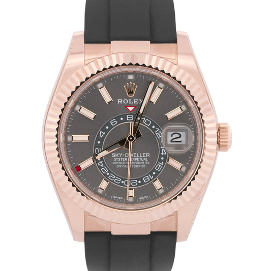 2023 PAPERS Rolex Sky-Dweller RHODIUM 18K Rose Gold Oysterflex 326235 42mm BOX