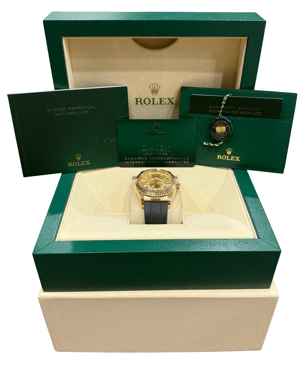 2021 Rolex Sky-Dweller 326238 18K Gold Champagne Oysterflex 42mm Box Papers