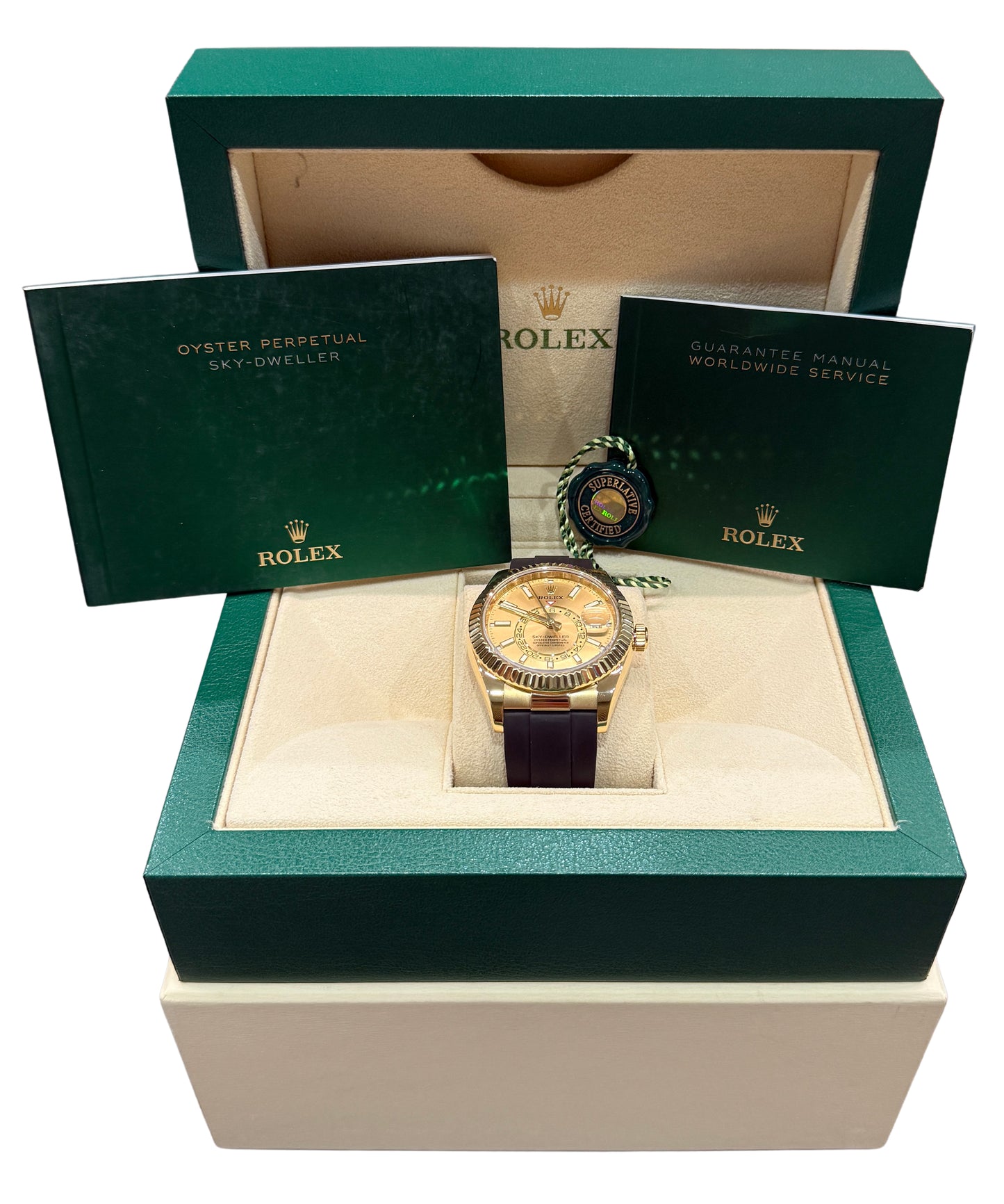 Rolex Sky-Dweller 326238 18K Yellow Gold Champagne Oysterflex Rubber 42mm Box