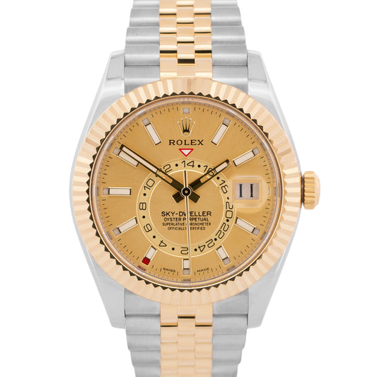 2022 PAPERS Rolex Sky-Dweller CHAMPAGNE 18K Gold Steel JUBILEE 42mm 326933 BOX