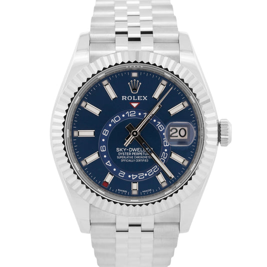 2022 PAPERS Rolex Sky-Dweller BLUE Steel 18K White Gold 42mm JUBILEE 326934 BOX
