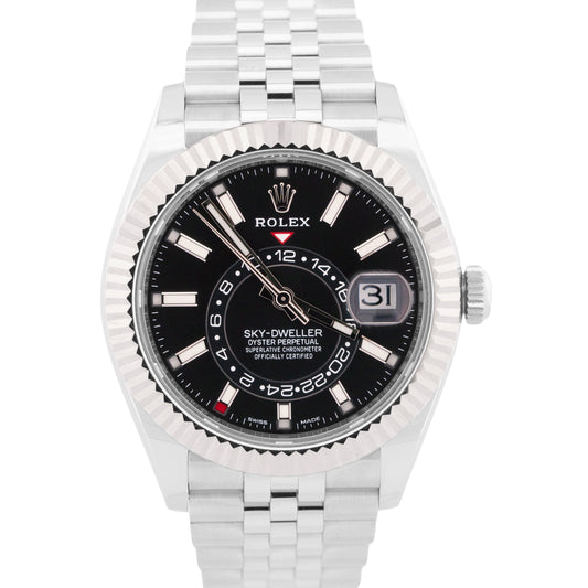 2022 PAPERS Rolex Sky-Dweller BLACK Steel 18K White Gold 42mm JUBILEE 326934 BOX