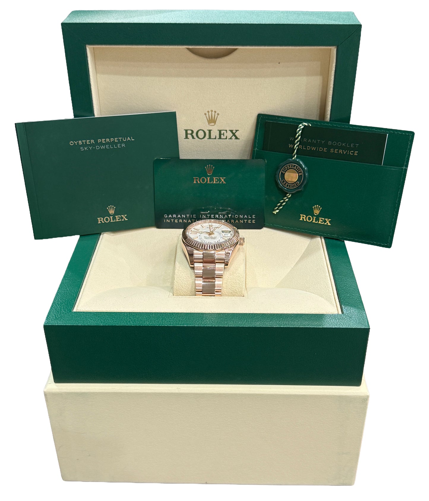 2021 PAPERS Rolex Sky-Dweller WHITE 18K Rose Gold OYSTER Fluted 42mm 326935 BOX