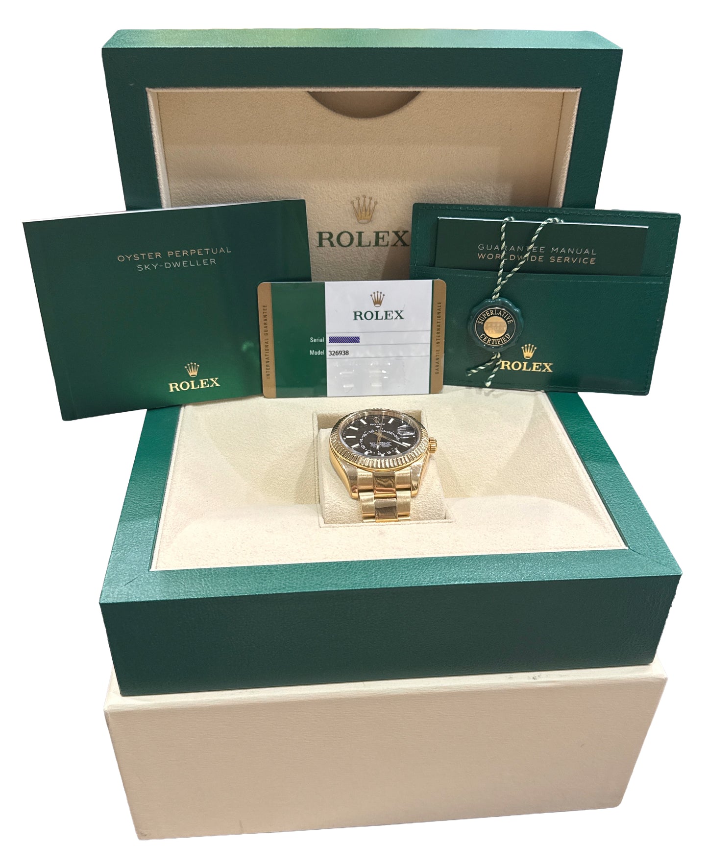 2019 PAPERS Rolex Sky-Dweller BLACK 18K Yellow Gold Fluted 42mm 326938 Watch BOX