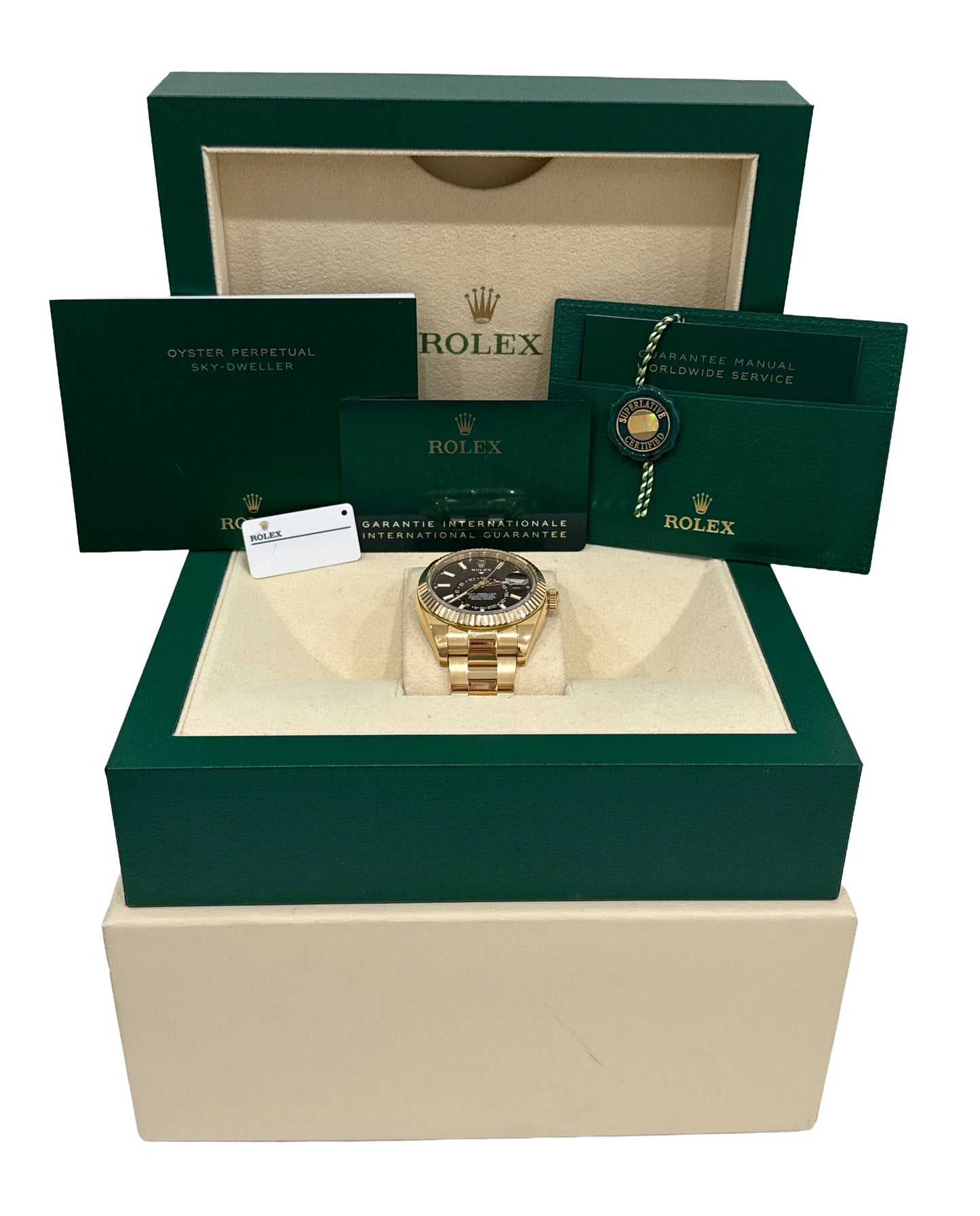 2022 PAPERS Rolex Sky-Dweller BLACK 18K Yellow Gold Fluted 42mm 326938 Watch BOX
