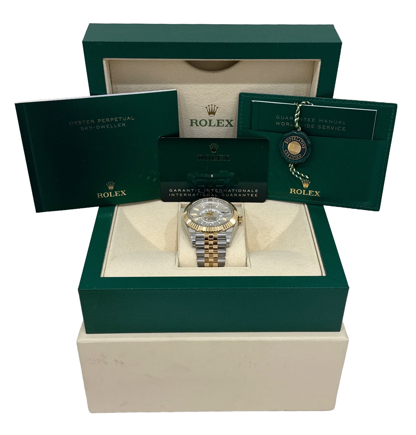 2023 PAPERS Rolex Sky-Dweller WHITE 18K Gold Stainless JUBILEE 42mm 326933 BOX