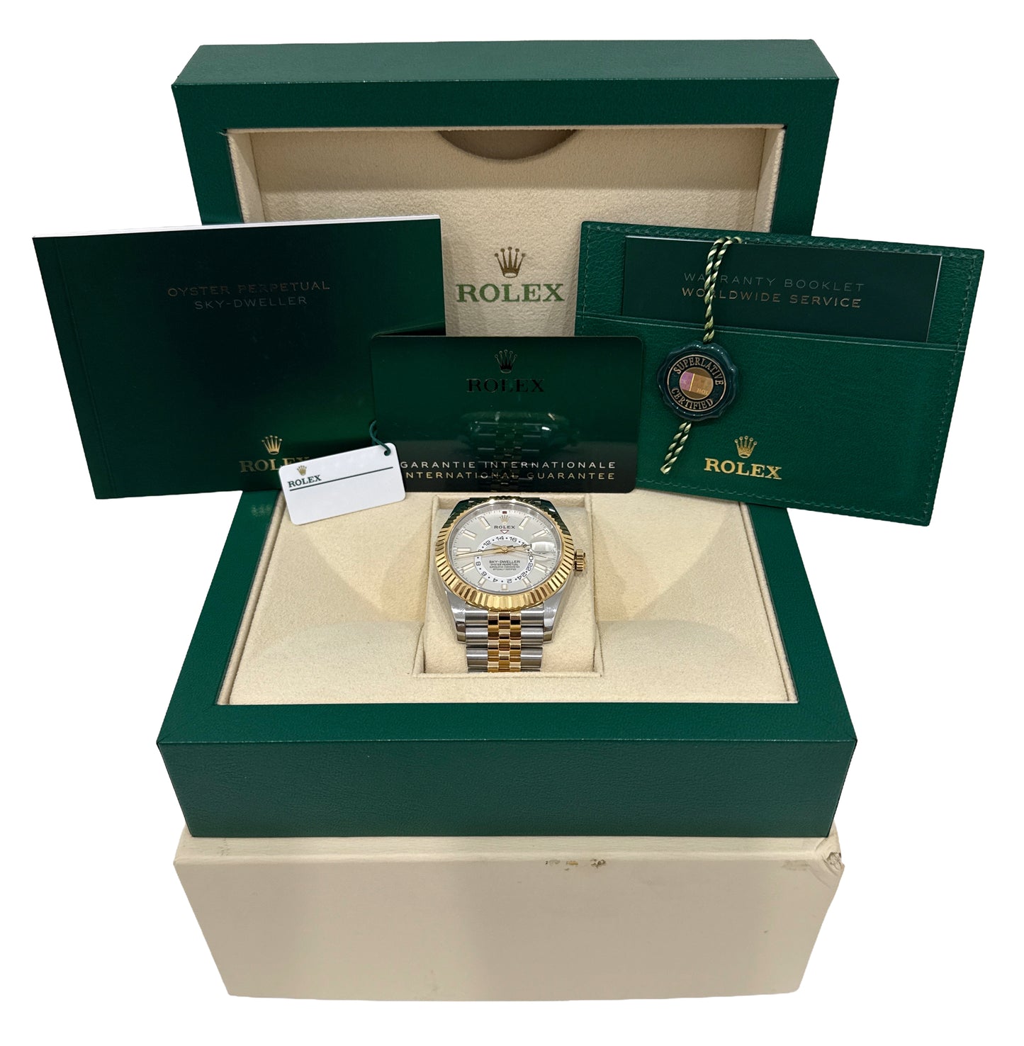 2024 PAPERS Rolex Sky-Dweller WHITE Two-Tone 18K Gold Steel JUBILEE 336933 BOX
