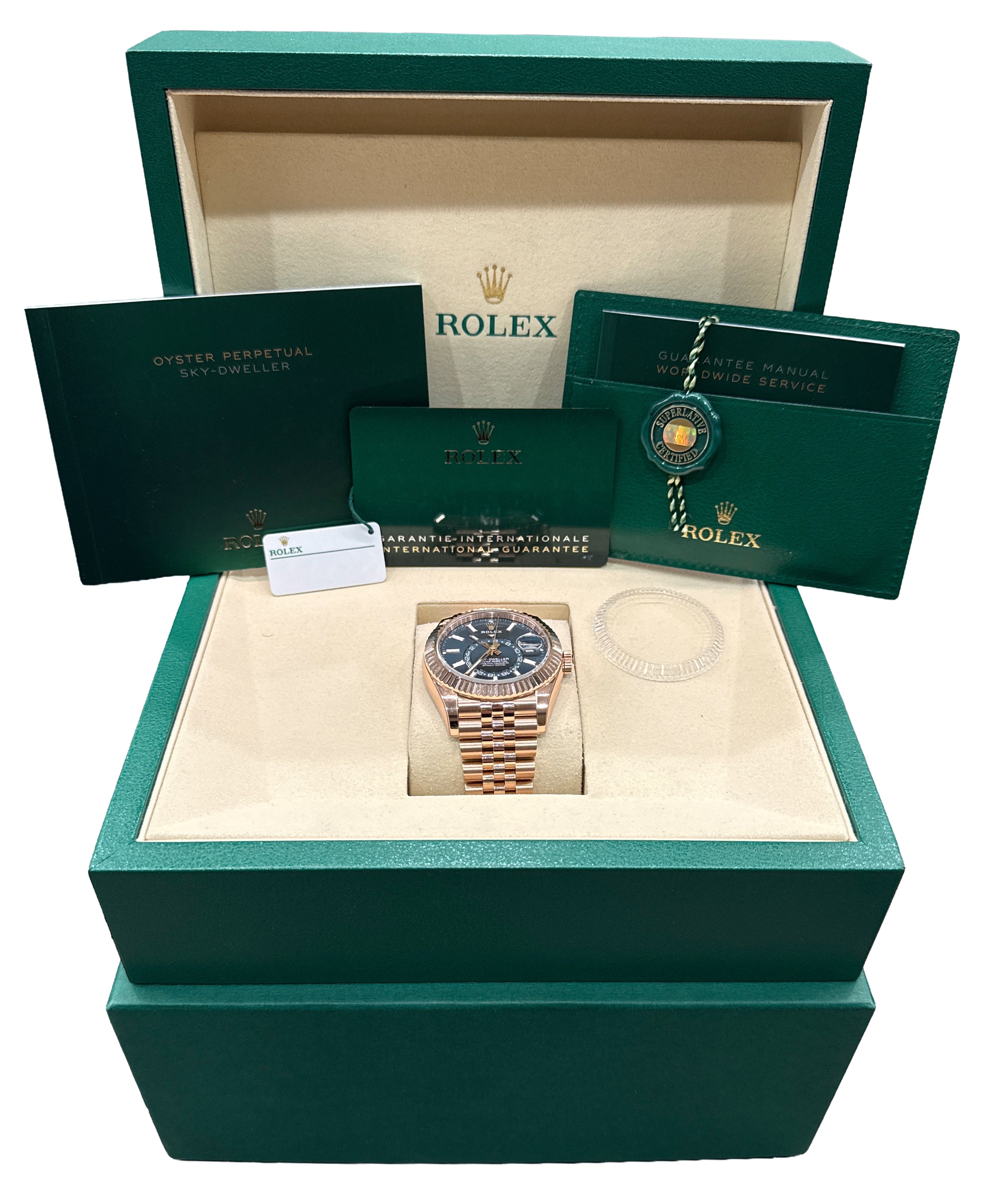 ROLEX 空箱 05/11/2026 2026 PAPERS Rolex Sky-Dweller BLUE 18K Rose Gold JUBILEE 42mm