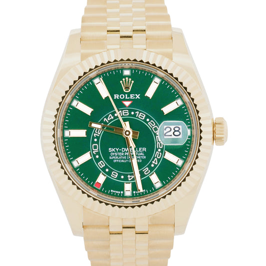 New July 2026 Rolex Sky-Dweller 336938 Green 18K Gold 42mm Jubilee Box Papers