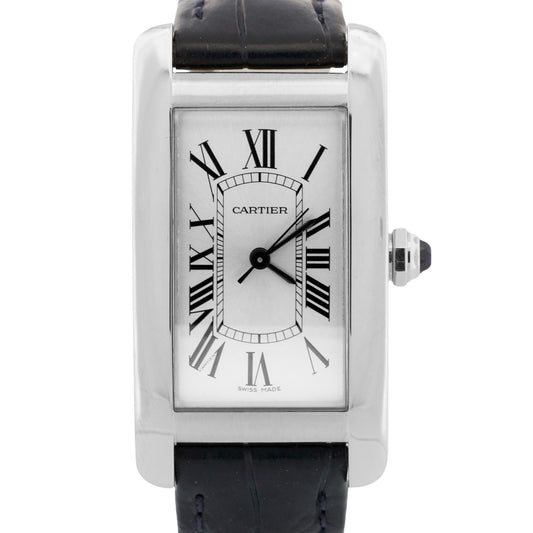 Cartier Tank Americaine SILVER 22mm Steel Leather Automatic Watch 3971 WSTA0017