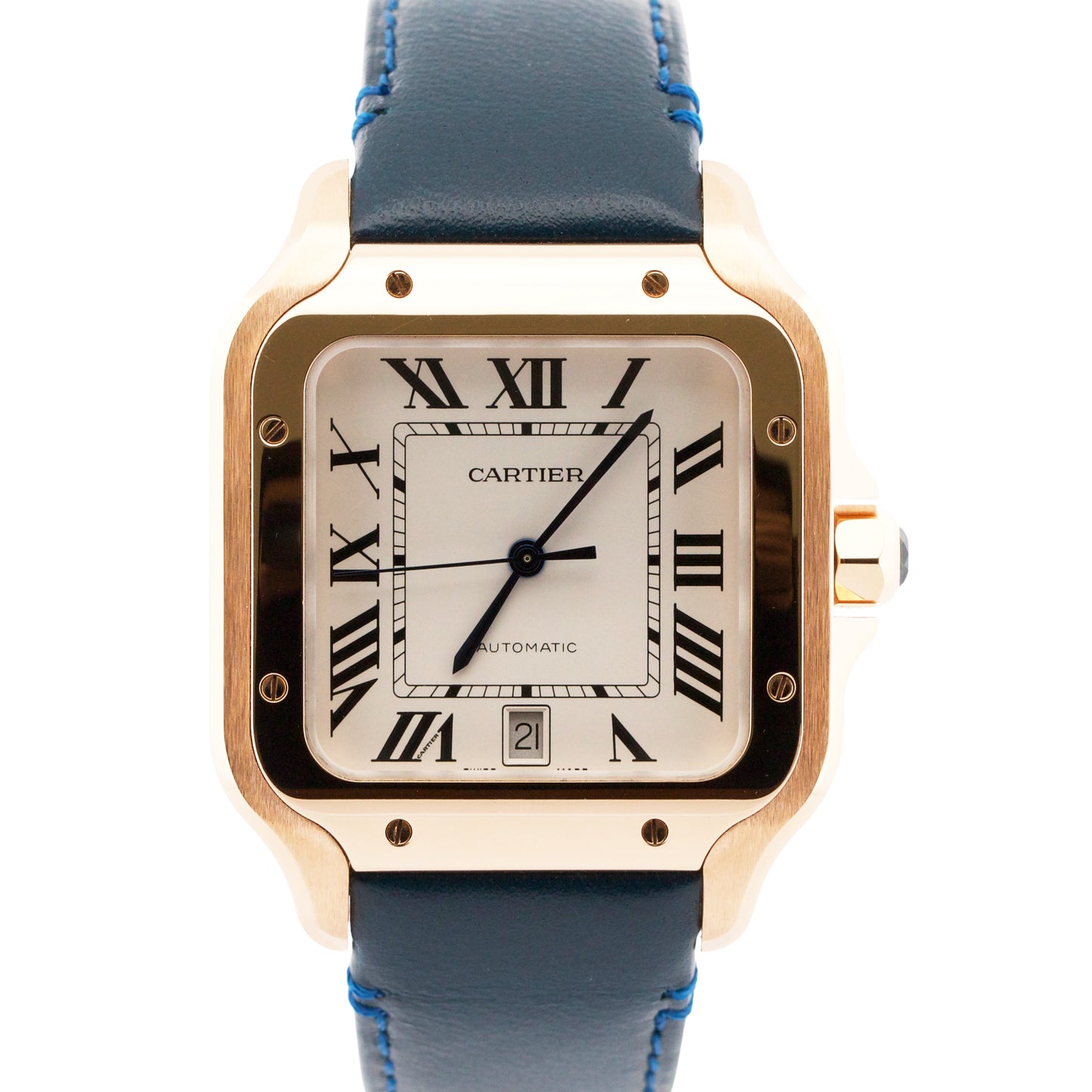 NEW 2024 PAPERS Cartier Santos 39.8mm 18K Gold BLUE Leather 4071 WGSA0019 BOX