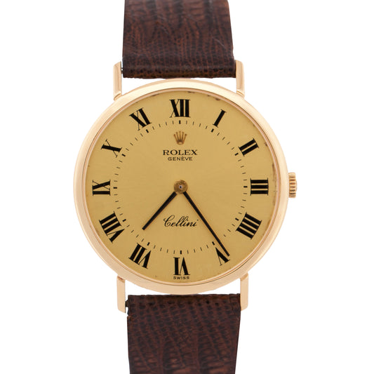 Rolex Cellini CHAMPAGNE ROMAN 18K Yellow Gold Manual Brown Leather 32mm 4112