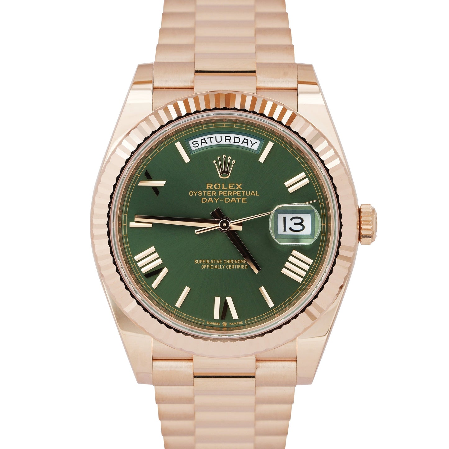BRAND NEW 2023 Rolex Day-Date 40 Olive Green President 18K Rose Gold 228235 B+P