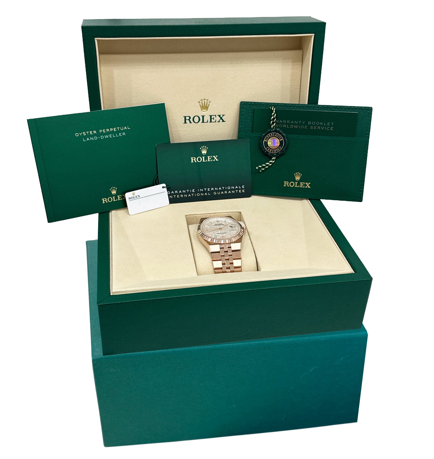 NEW 2026 PAPERS Rolex Land-Dweller 40mm WHITE 18K Rose Gold Watch 127335 BOX