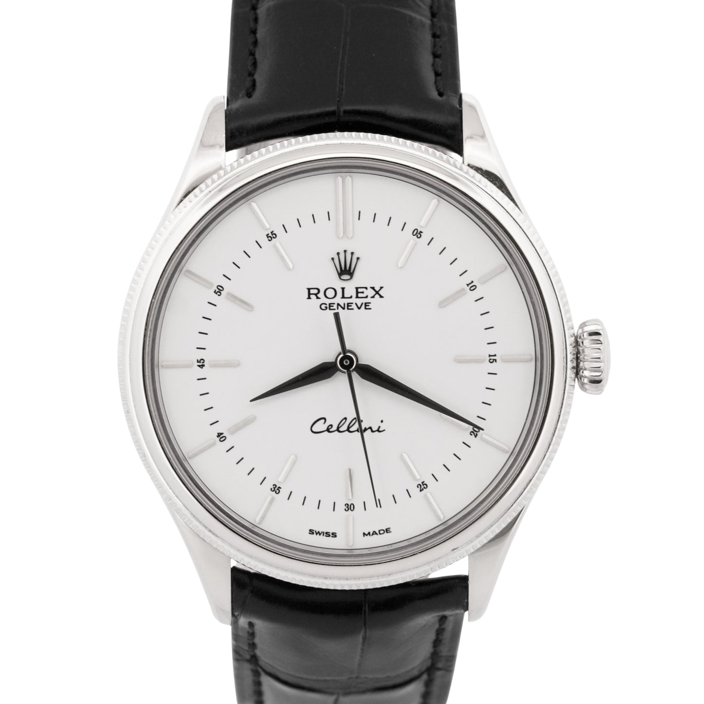 Rolex Cellini WHITE 18K White Gold 39mm Automatic Black Leather Watch 50509