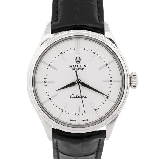 Rolex Cellini WHITE 18K White Gold 39mm Automatic Black Leather Watch 50509