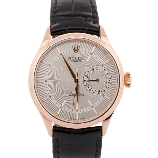 Rolex Cellini Date 18k Rose Gold SILVER GUILLOCHE Leather 39mm 50515 Watch