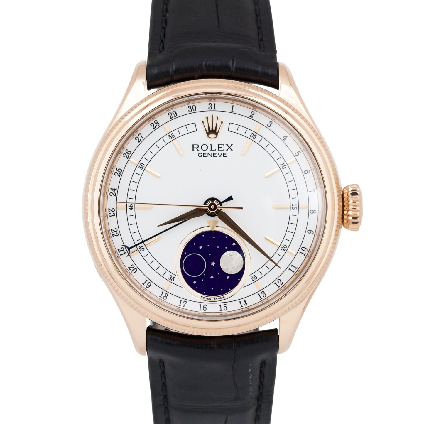 MINT Rolex Cellini Moonphase WHITE 18K Rose Gold Leather Everose 39mm 50535 BOX