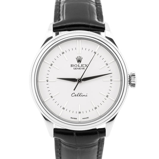 MINT Rolex Cellini White Leather 18K White Gold 39mm Automatic Watch 50509