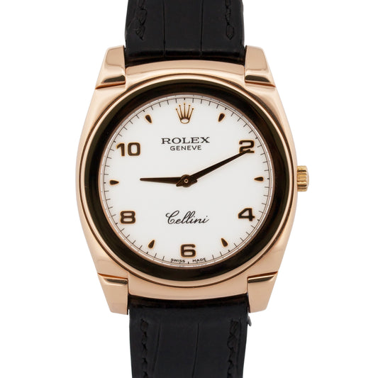 Rolex Cellini Cestello WHITE ARABIC 18K Rose Gold Leather 36mm 5330 Watch