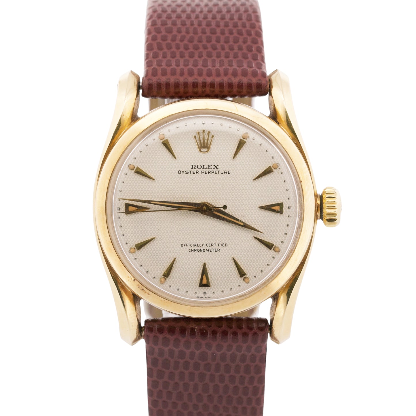VINTAGE Rolex Oyster Perpetual IVORY HONEYCOMB 14K Yellow Gold BOMBAY 33mm 6090