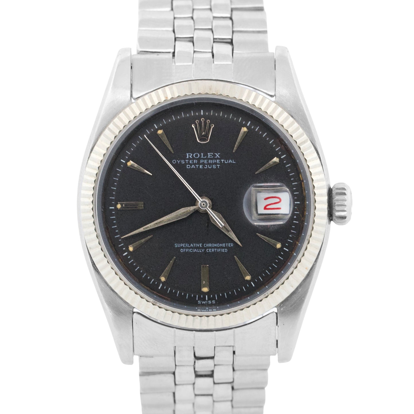 VINTAGE 1946 Rolex DateJust 36mm Black RED ROULETTE 14K Steel JUBILEE Watch 6605