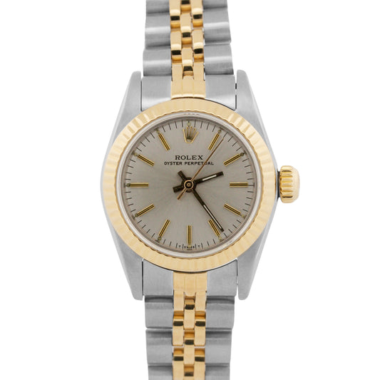 1988 Rolex Oyster Perpetual 67193 Silver Two-Tone 18K Gold Steel 24mm Watch Box