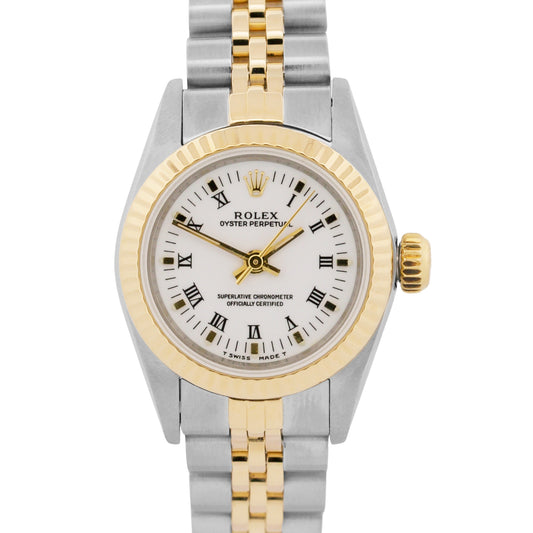1991 Rolex Oyster Perpetual 24mm WHITE ROMAN Two-Tone 18K Gold JUBILEE 67193