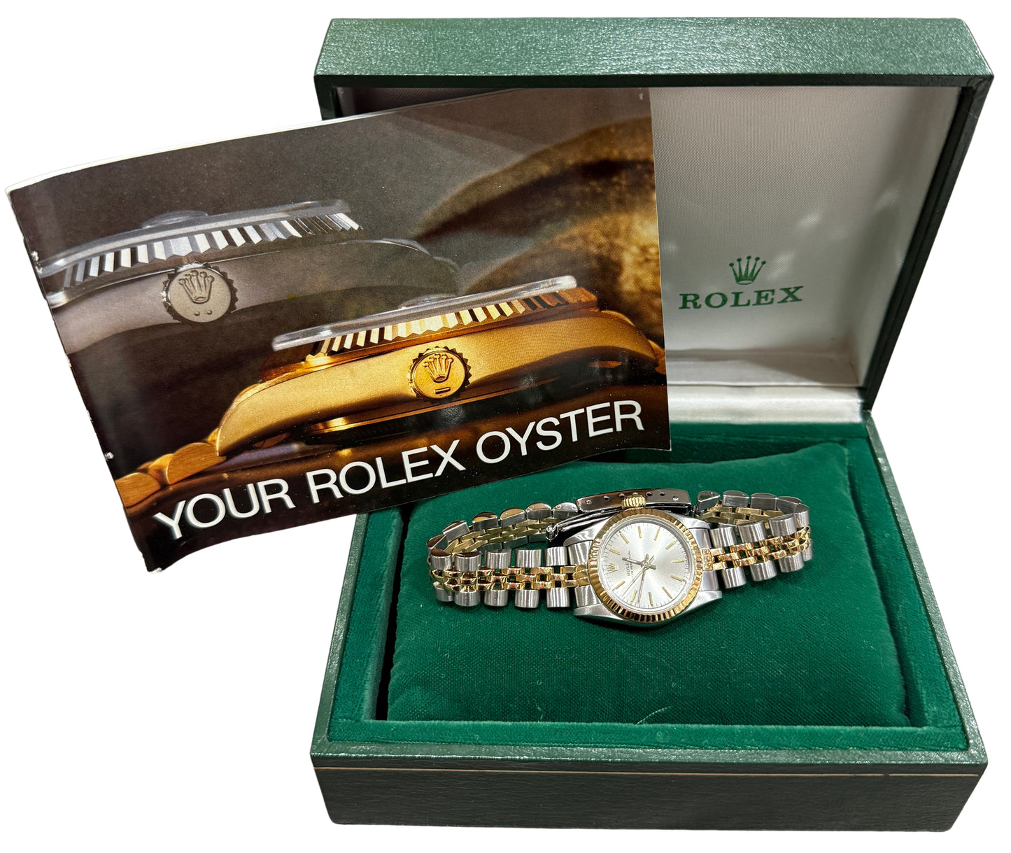 1988 Rolex Oyster Perpetual 67193 Silver Two-Tone 18K Gold Steel 24mm Watch Box