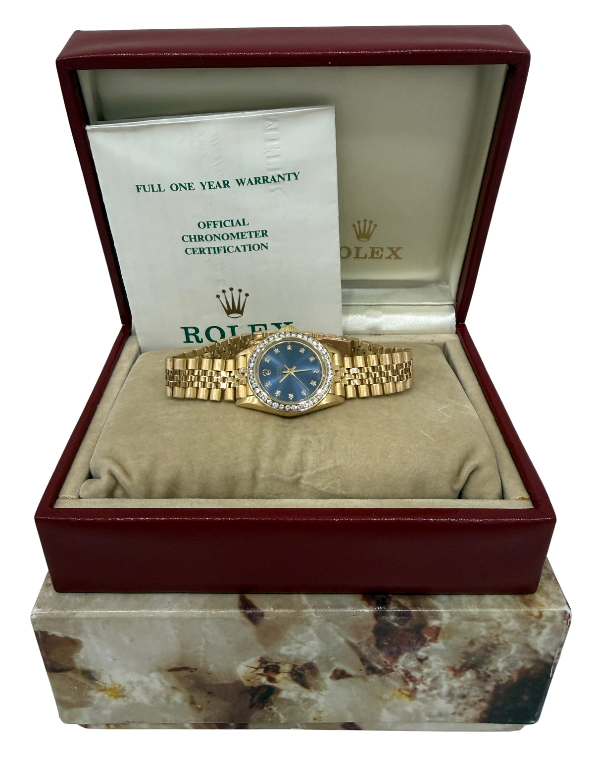 1995 Rolex Oyster Perpetual 26mm Blue Diamond 18K Gold Jubilee 67198 Box Papers